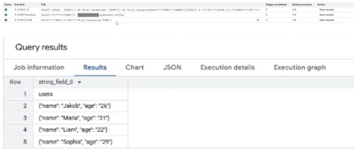 Screenshots showing queries and results